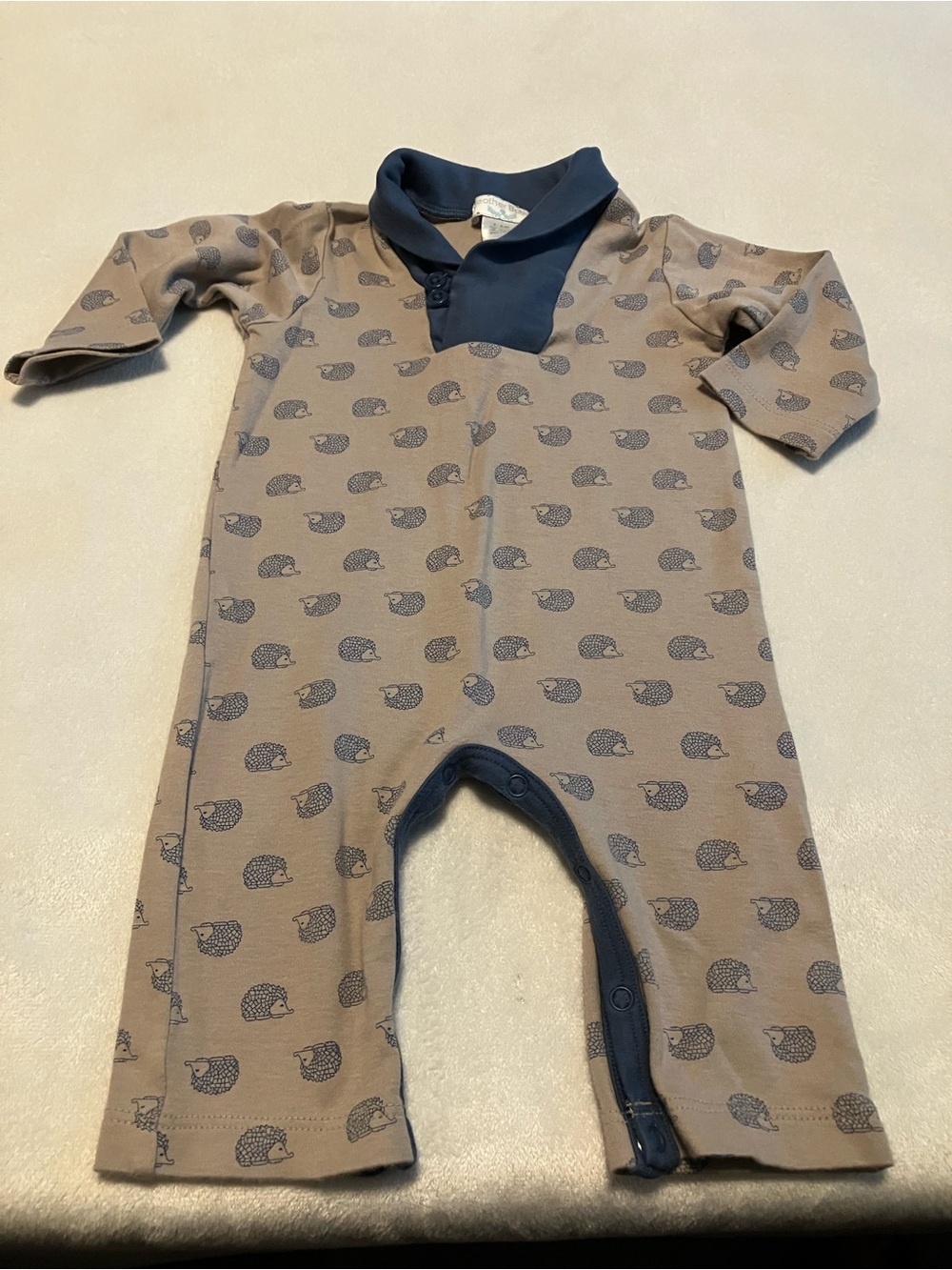 Baby Hedgehog Print One-Piece Romper in Taupe and Navy